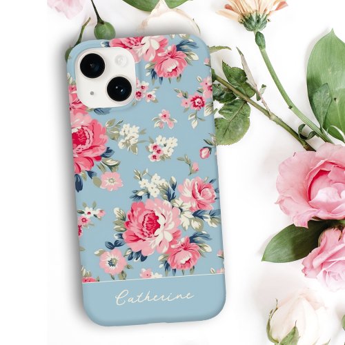 Personalized Cottage Pink Roses on Blue Background Case_Mate iPhone 14 Case