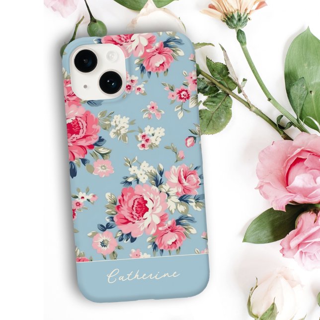 Personalized Cottage Pink Roses on Blue Background Case-Mate iPhone Case (Creator Uploaded)