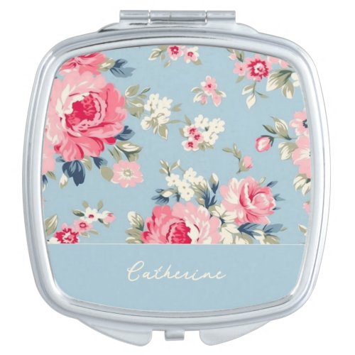 Personalized Cottage Pink Roses on Blue Background Compact Mirror