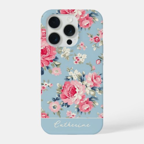 Personalized Cottage Pink Roses on Blue Background iPhone 15 Pro Case