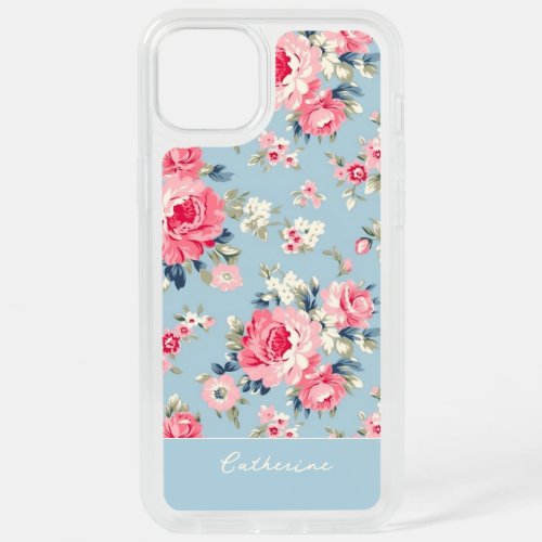 Personalized Cottage Pink Roses on Blue Background iPhone 15 Plus Case