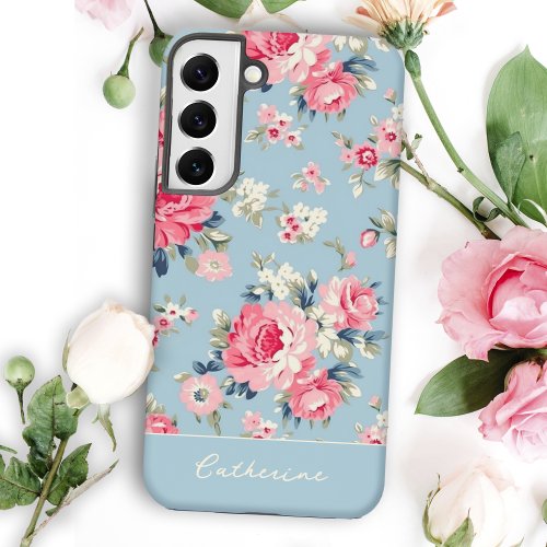 Personalized Cottage Pink Roses on Blue Background Samsung Galaxy S22 Case
