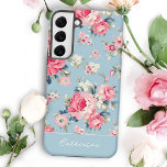 Personalized Cottage Pink Roses on Blue Background Samsung Galaxy S22  Case<br><div class="desc">Elegant and romantic seamless floral pattern featuring cottage style pastel pink roses with white and pink wildflowers on light sky blue background. Includes optional solid element and editable text field.</div>