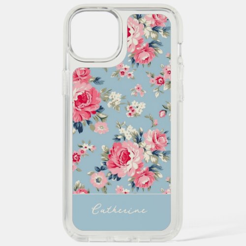 Personalized Cottage Pink Roses on Blue Background iPhone 15 Plus Case