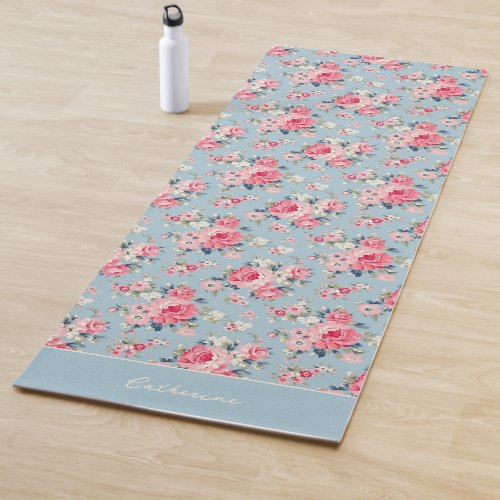 Personalized Cottage Pink Roses on Blue Background Yoga Mat