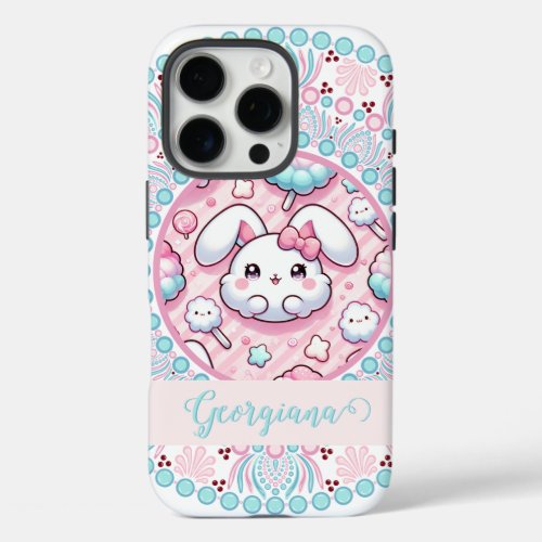 Personalized Cotton Candy Kawaii Bunny Dot Mandala iPhone 16 Pro Case