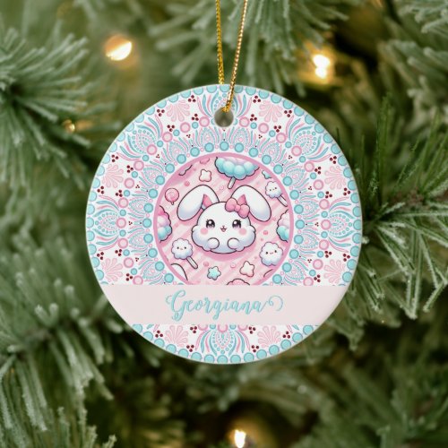 Personalized Cotton Candy Kawaii Bunny Dot Mandala Ceramic Ornament