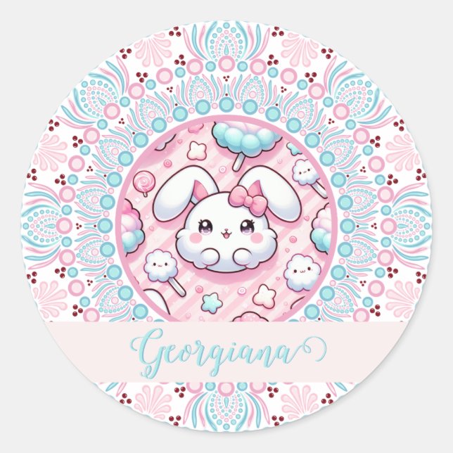 Personalized Cotton Candy Kawaii Bunny Dot Mandala Classic Round Sticker (Front)