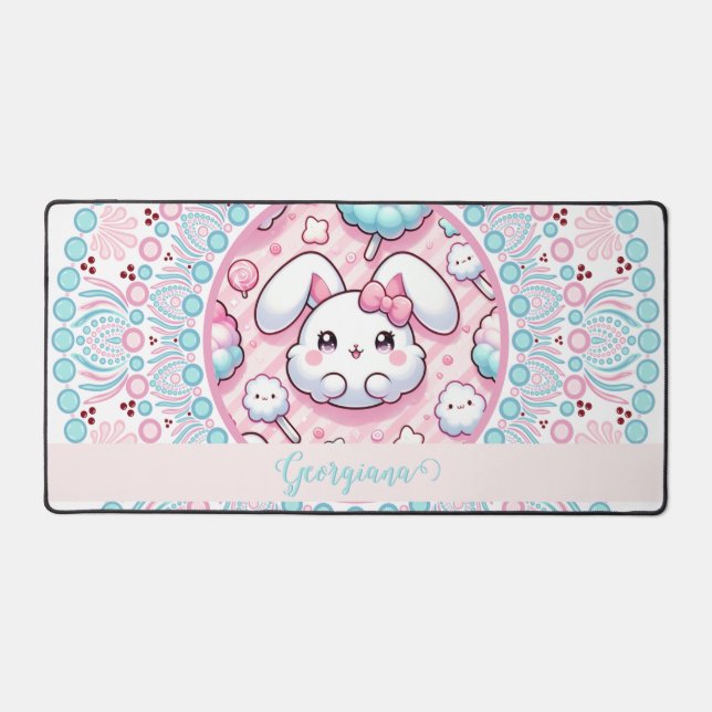 Personalized Cotton Candy Kawaii Bunny Dot Mandala Desk Mat (Front)