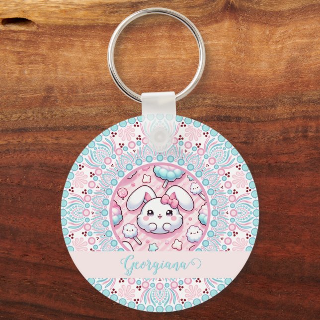 Personalized Cotton Candy Kawaii Bunny Dot Mandala Keychain (Front)
