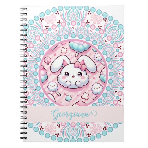 Personalized Cotton Candy Kawaii Bunny Dot Mandala Notebook