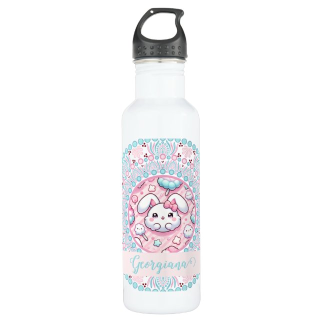 Personalized Cotton Candy Kawaii Bunny Dot Mandala Stainless Steel Water Bottle (Front)