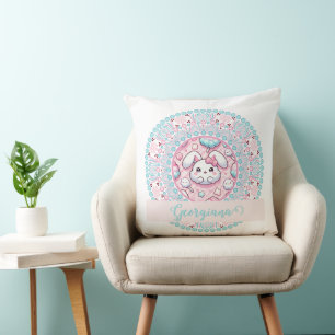 Personalized Cotton Candy Kawaii Bunny Dot Mandala Throw Pillow