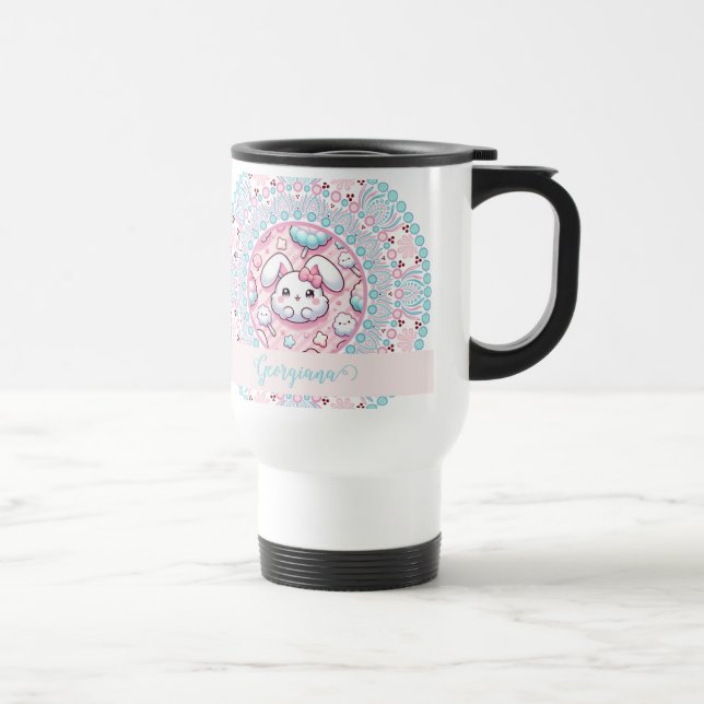 Personalized Cotton Candy Kawaii Bunny Dot Mandala Travel Mug (Right)