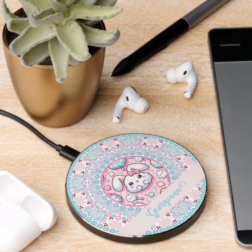 Personalized Cotton Candy Kawaii Bunny Dot Mandala Wireless Charger