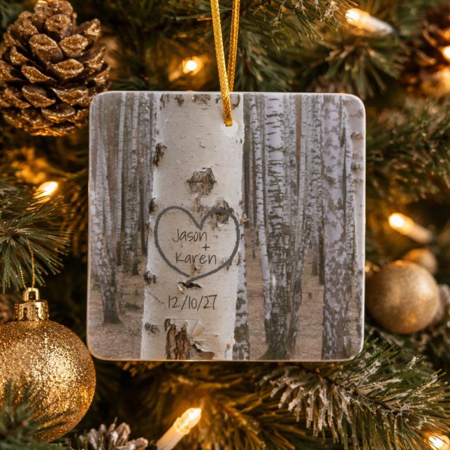 Personalized Country Rustic Carved Heart Ceramic Ornament (Creator Uploaded)