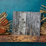 Personalized Country Rustic Carved Heart Plaque<br><div class="desc">Personalized country rustic art carved heart design on the front features a printed birch bark tree with a carved heart that you can customize by adding your names and underneath it, you can add your wedding date or special date. This would make a unique wedding shower gift or anniversary gift....</div>