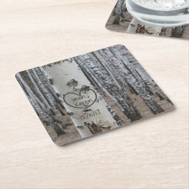 Personalized Country Rustic Carved Heart Square Paper Coaster (Angled)