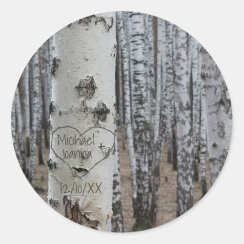 Personalized Country Rustic Carved Names in Heart Classic Round Sticker