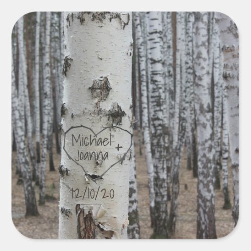 Personalized Country Rustic Carved Names in Heart  Square Sticker