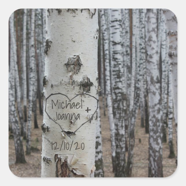 Personalized Country Rustic Carved Names in Heart  Square Sticker (Front)