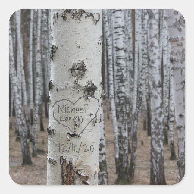 Personalized Country Rustic Carved Names in Heart Square Sticker (Front)