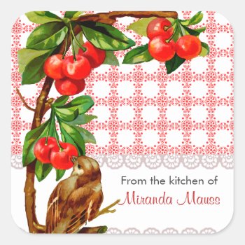 Personalized Country Vintage Bird And Cherries Square Sticker by jardinsecret at Zazzle