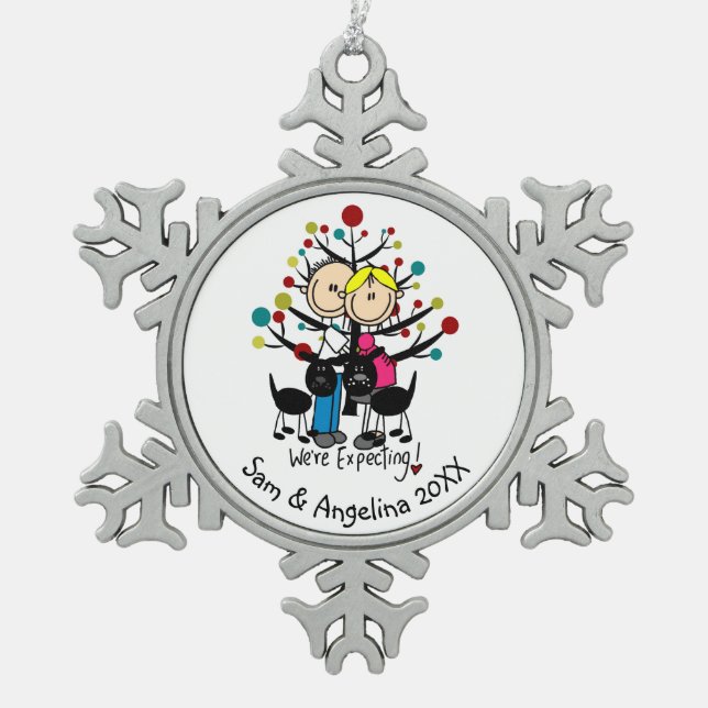 Personalized Couple, Boy, Dog Snowflake Ornament (Front)