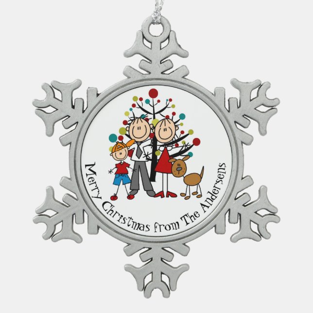 Personalized Couple, Boy, Dog Snowflake Ornament (Front)