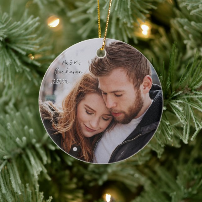Personalized Couple Christmas Photo Ceramic Ornament (Tree)