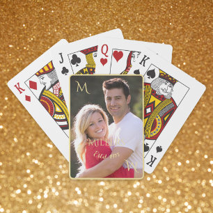 Personalized Couple Family Photo Gold Monogram Poker Cards