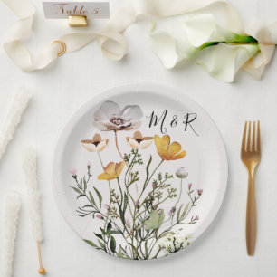 Personalized Couple Monogram Dried Wildflower Paper Plates