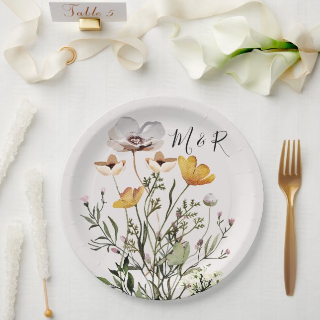 Personalized Couple Monogram Dried Wildflower  Paper Plates (Wedding)