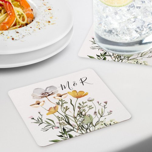 Personalized Couple Monogram Dried Wildflower  Square Paper Coaster