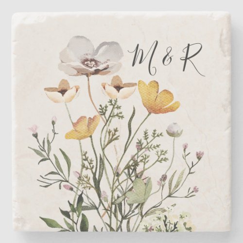 Personalized Couple Monogram Dried Wildflower  Stone Coaster