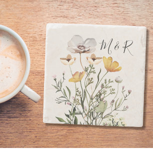 Personalized Couple Monogram Dried Wildflower Stone Coaster