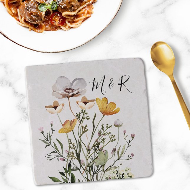 Personalized Couple Monogram Dried Wildflower  Trivet (In situ Dining table)