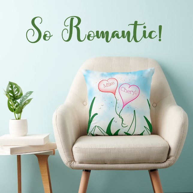 Personalized Couple Name Throw Pillow              (Personalized couple names throw pillow with an illustration of heart balloons floating in the sky.)