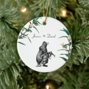 Personalized Couple Names Christmas Bear hunting Ceramic Ornament