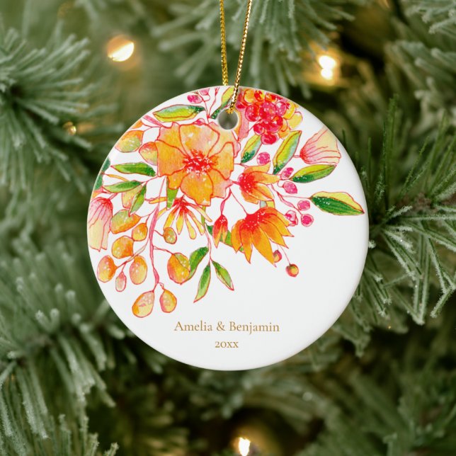 Personalized Couple Names Floral Orange Christmas Ceramic Ornament (Tree)