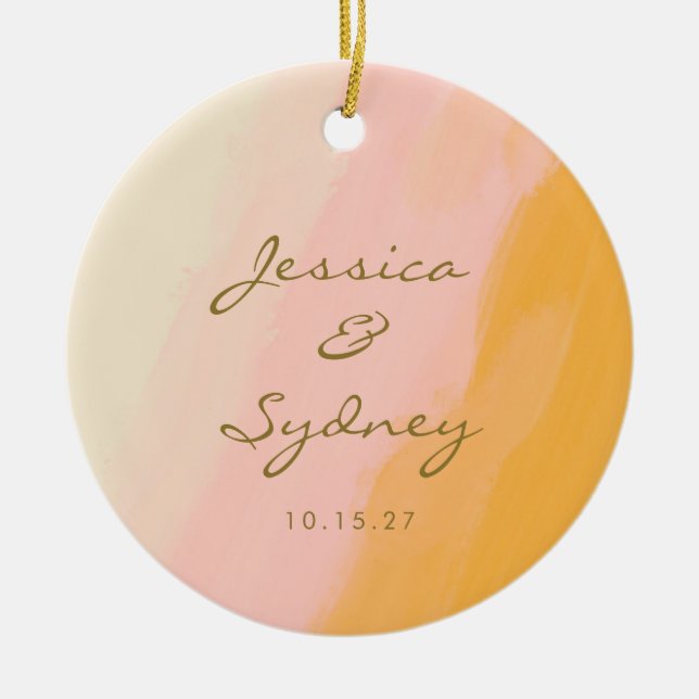Personalized Couple Names Pink Yellow Abstract Ceramic Ornament (Front)