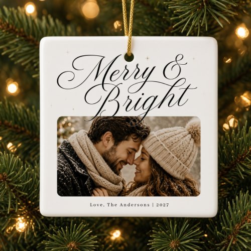 Personalized Couple Photo Christmas Merry &amp; Bright Ceramic Ornament