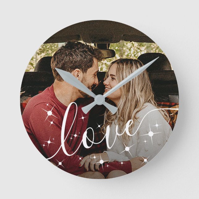 Personalized Couple Photo Love Script Sparkle Round Clock (Front)