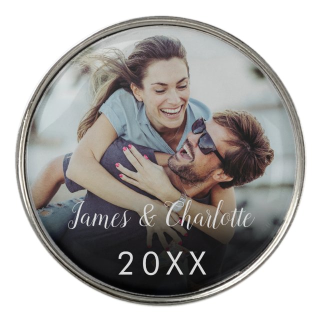 Personalized Couple Photo Name Date Golf Ball Marker (Front)