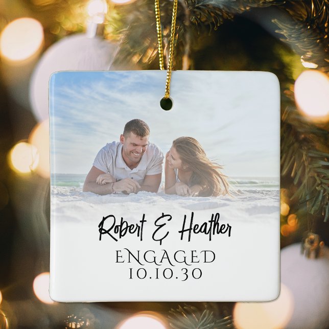 Personalized Couple Picture Engagement Christmas Ceramic Ornament (Creator Uploaded)