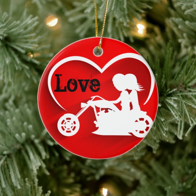Personalized Couple Riding Motorcycle LOVE Ceramic Ornament (Tree)