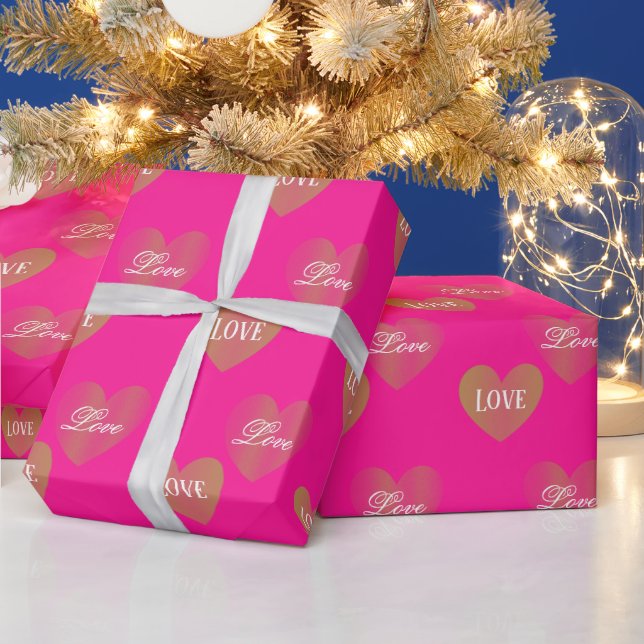 Personalized Couple Twice Golden Hearts, Deep Pink Wrapping Paper (Holidays)