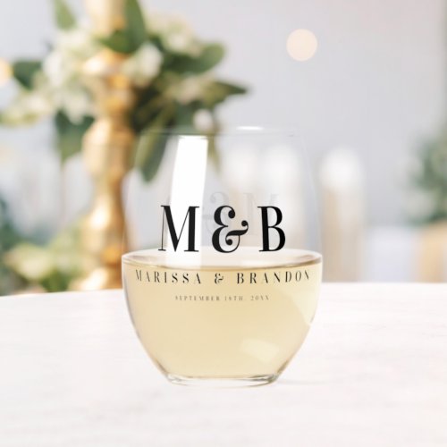 Personalized Couple Wedding Monogram Initials Stemless Wine Glass