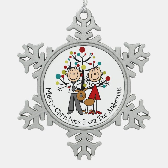 Personalized Couple With Dog Snowflake Ornament (Front)