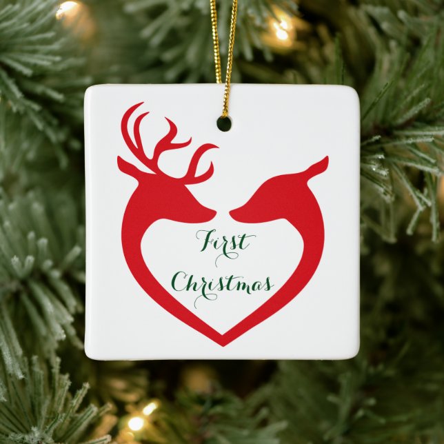 Personalized Couple's 1st Christmas Heart Deer Ceramic Ornament (Tree)
